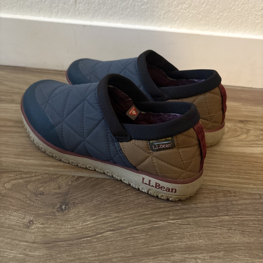 LL Bean Quilted Navy & Tan Waterproof Slip On Shoes Womens 9 Primaloft Blue